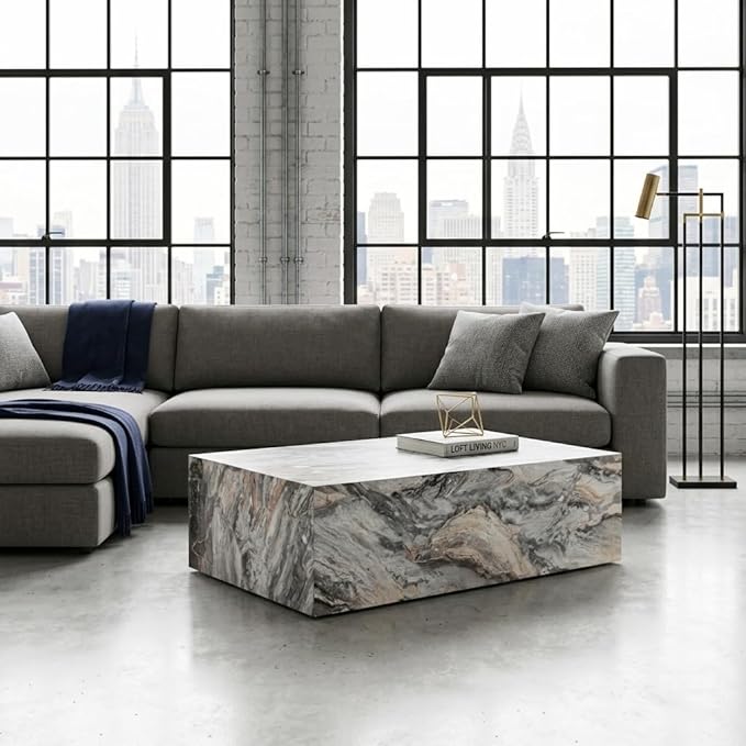Coffee Table, Modern Faux Marble Living Room Table in Grey