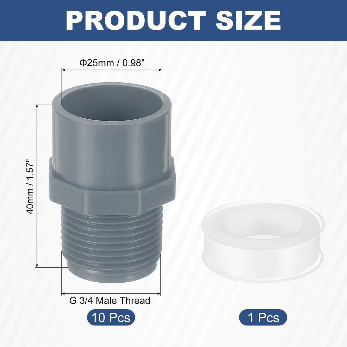uxcell PVC Male Adapter Pipe Fitting, 10Pcs 3/4" 2-Way PVC Pipe Connectors with Sealant Tape (Socket x Male Thread), Hose Adapter Coupling for Plumbing Water Line (Grey)