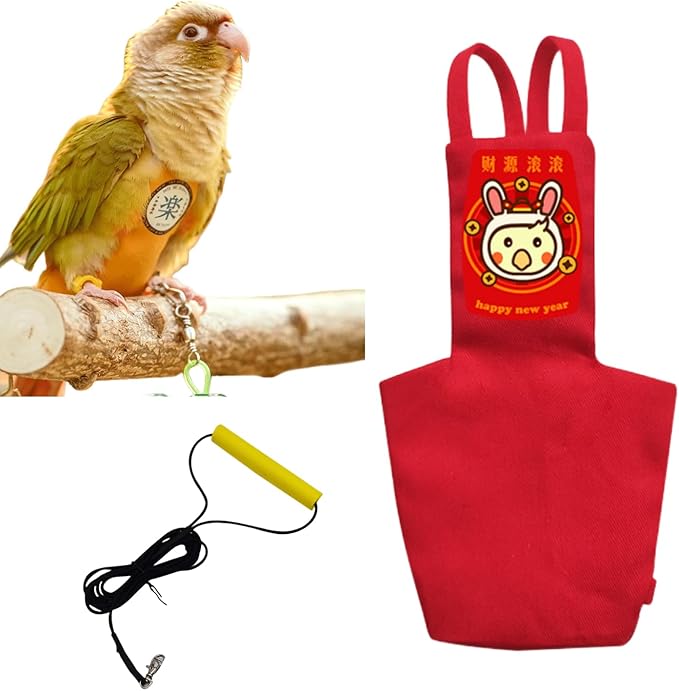 MANON ROSA Bird Diapers Leash Set Washable Reusable Handmade Flight Suit Waterproof Inner Layer - Protective Parrot Nappy Clothes Parakeets Macaws Budgies Canaries (Red1,Caique)