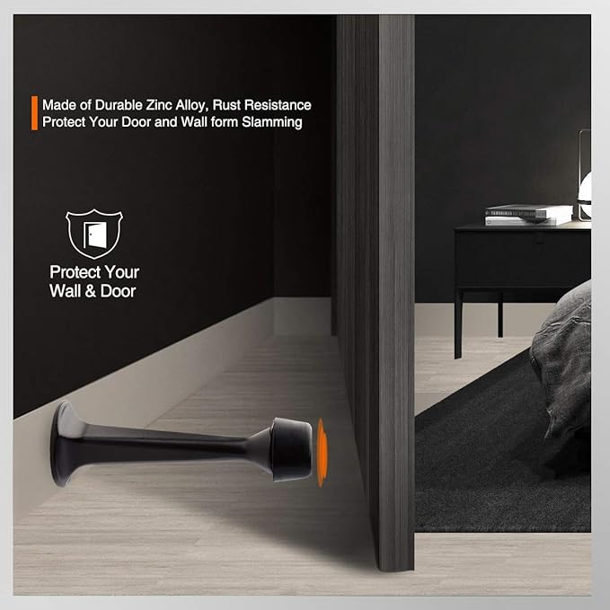 2 Pack Solid Rigid Door Stops - Heavy Duty Door Stoppers Wall Protector with Soft Rubber Tips, Black