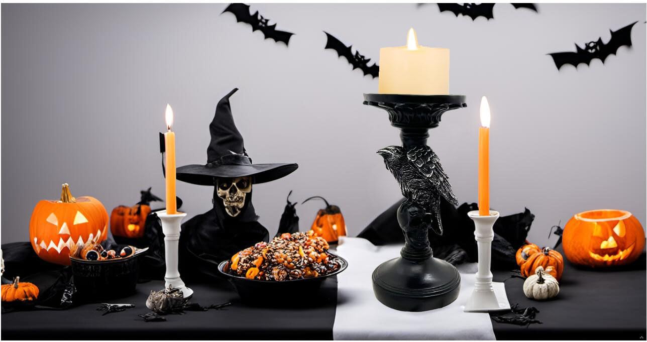 Skull Candlestick Holder for Halloween Decoration, Raven Skull Skeleton Spooky Decor Pillar Candle Holder, Antique Creepy Skeleton Black Taper Candle Holders for Halloween Christmas
