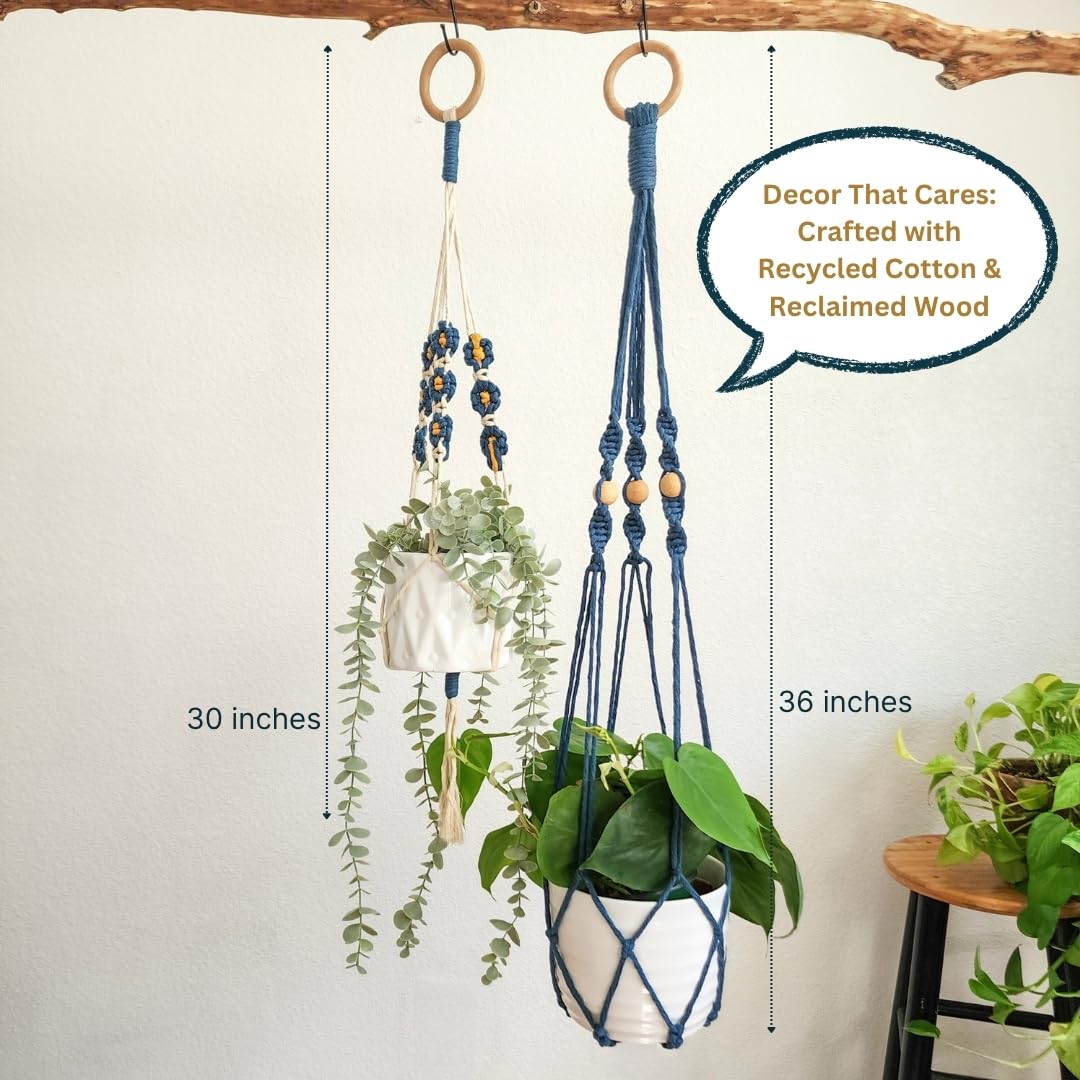Set of 2 Macrame plant hanger with Daisies & Beads | Hanging plant holder Macrame Plant hangers outdoor and indoor hanging planters Plant stand indoor Boho Decor hanging planter stand (Peacock Blue)