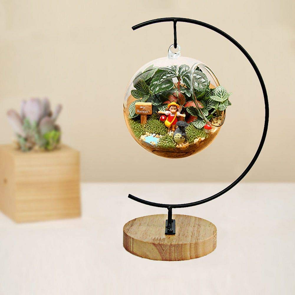 Archi G-shaped Ornament Display Stand Iron Pothook Stand for Hanging Glass Terrarium/Picture with Wood Base (Iron Stand with Wood Base)