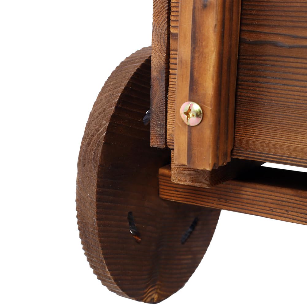 CWKISS Wooden Wagon Planter with Wheels, Rustic Fir Wood Flower Cart for Garden, Patio, Balcony & Indoor Decor, Drainage Holes, Easy Assembly, Brown