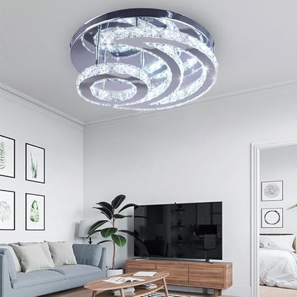 CXGLEAMING 15.7" Crystal Chandelier Modern LED Ceiling Light Moon Shape Crystal Flush Mount Ceiling Lights Fixture for Bedroom Living Room Kitchen Hallway (6500K Cool White)