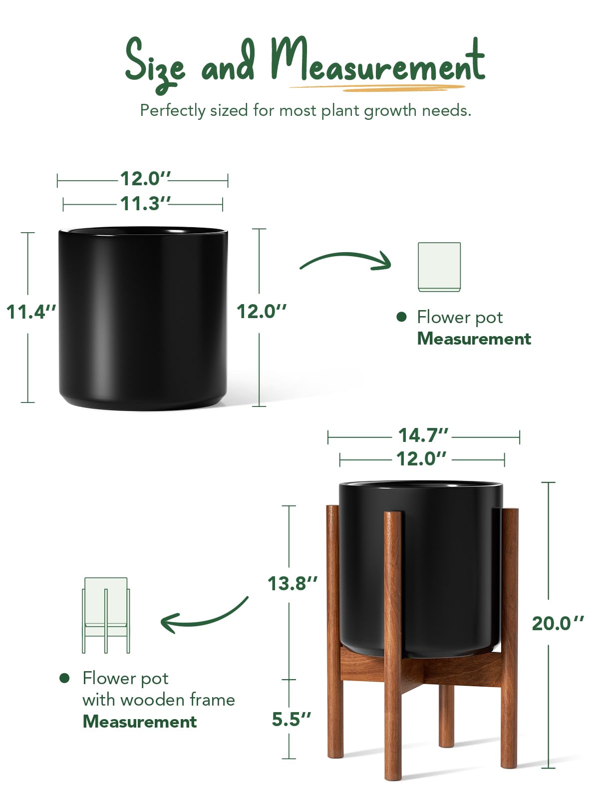 LE TAUCI 12 Inch Planter with Acacia Wood Stand, Large Ceramic Indoor Plant Pot with Drainage Hole & Plug, Mid Century Modern Plant Holder for Fiddle Leaf Fig, Monstera, Snake Plant, Black
