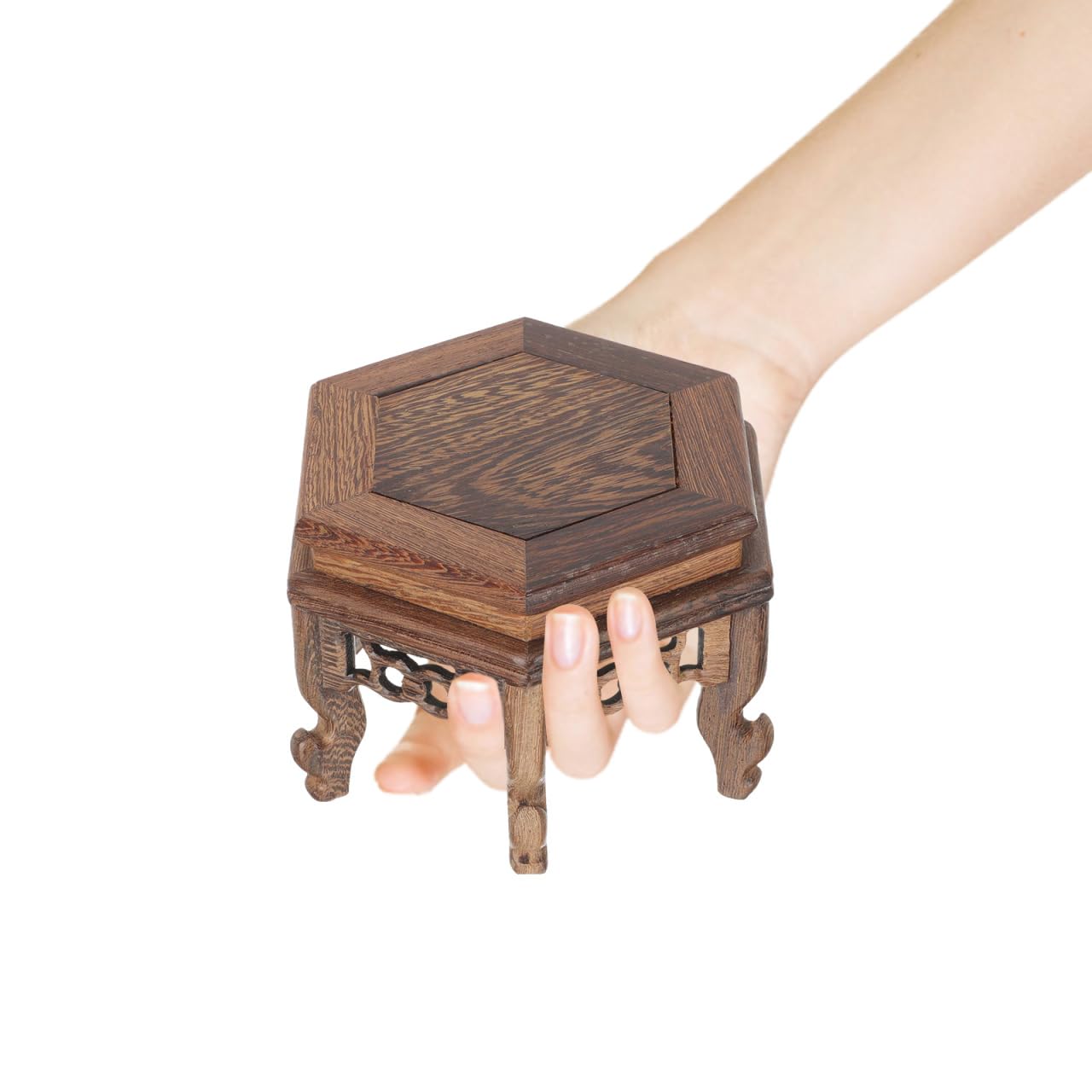 Cabilock Hexagonal Table Base Wooden Plant Stand Chinese Style Flower Pot Display Rack Teapot Stand for Bonsai Vases Planters 5.1X5.1X3.5 Inch