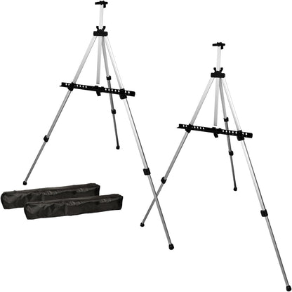 U.S. Art Supply 66" Silver Metal Tripod Easel Display (2 Pack) - Adjustable 18"- 5.5', Holds 36" Canvas - Floor/Tabletop Easel Stand, for Sign Display, Painting, Poster Board, Canvas - Portable Bag