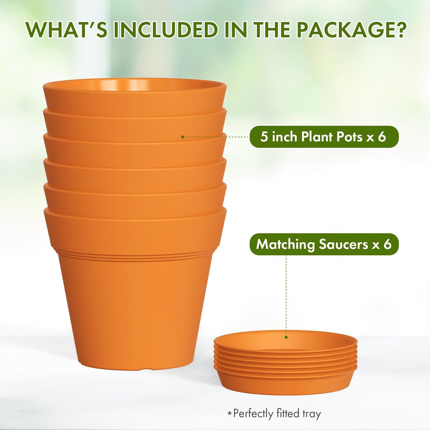 WSMKSZ 5 Inch Plastic Plant Pots with Drainage Holes and Trays – 6 Pack Small Nursery Pots for Indoor & Outdoor House Plants and Flowers, Seedling Starter Planters, Terracotta
