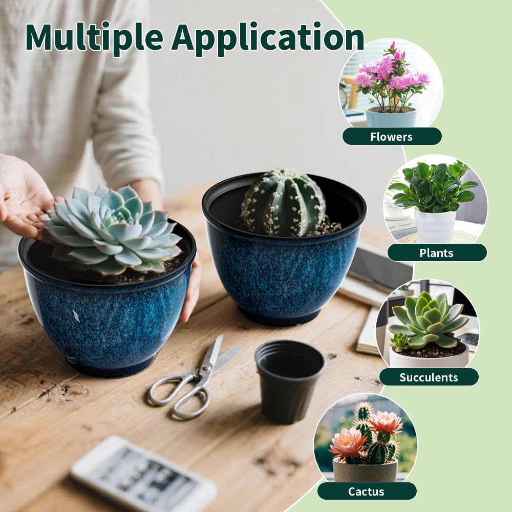 Vanslogreen 8 Inch Glazed Plastic Plant Pots, Set of 4 Planters with Drainage Holes - Indoor/Outdoor Flower Pots for Succulents, Herbs, Home Decor(Blue)