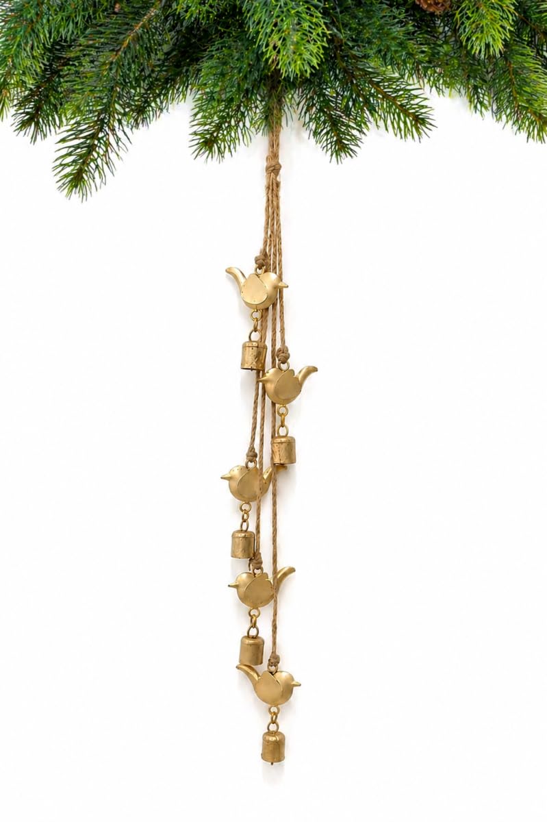 Rustic Gold Birds & Bells Garland with Rope Brass Rustic Handmade Metal Hanging Birds and Bells Cluster for Farmhouse Cow Bell Cluster Christmas, Holiday Garden Decor (5 Bird & 5 Bell String 27")