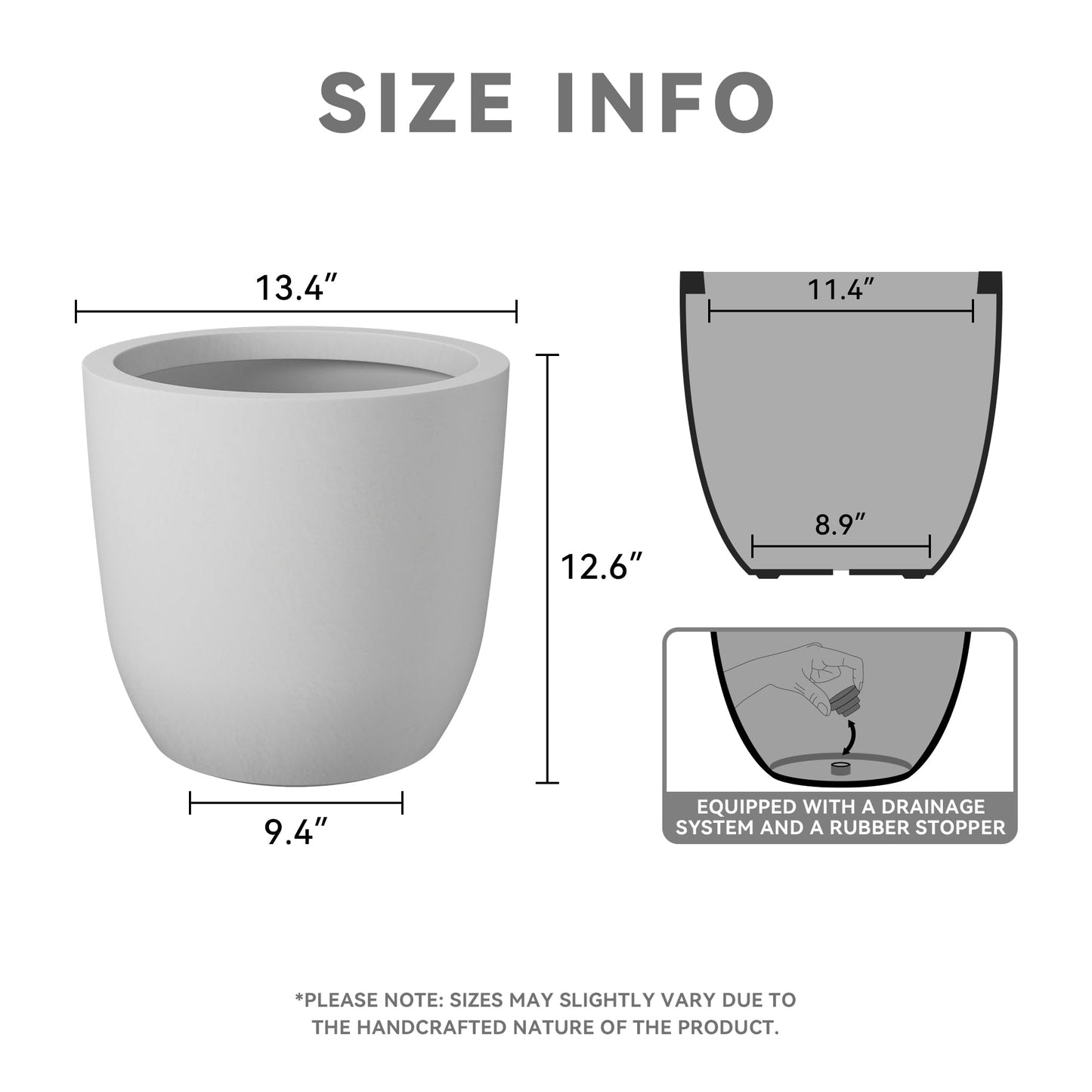 Kante 13.4" Dia Round Concrete Planter, Large Outdoor Modern Indoor Decorative Plant Pots with Drainage Hole and Rubber Plug for Home and Garden, Pure White