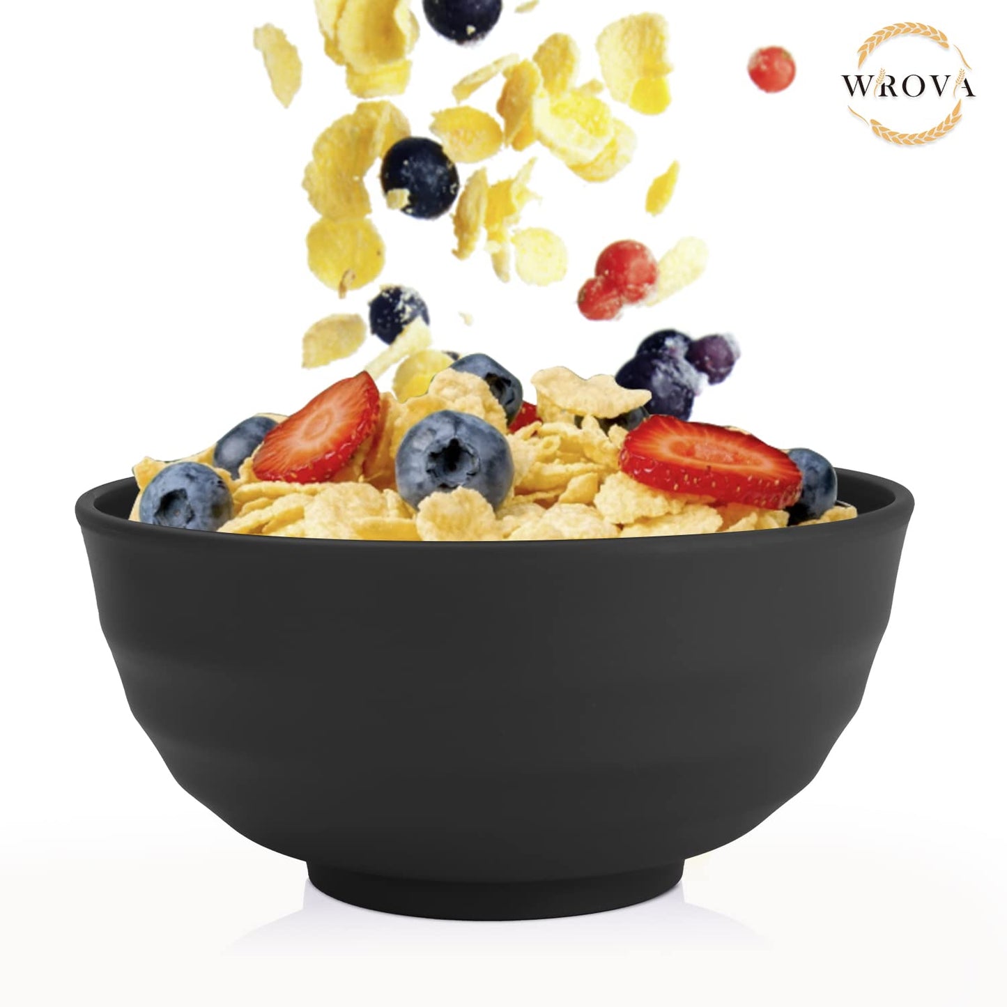 Wrova Wheat Straw Bowls Set 60 OZ Unbreakable Large Cereal Bowls Set of 6 Microwave and Dishwasher Safe Bowls Big Bowls for Camping and Picnic BPA Free Soup Bowl for Serving Oatmeal and Salad. Black