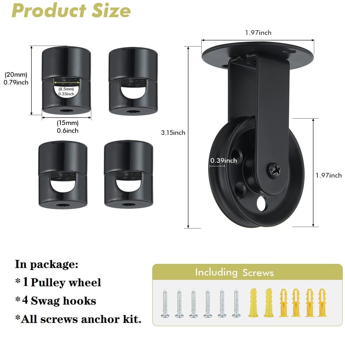 Pulley Wheel for Plug in Pendant Light, Wall Ceiling Mount Pulley for Hanging Lamp, 1 Pack Pulley Wheel and 4 Pack Swag Hooks for Hanging Electric Wire Cable Cord Chandelier Plant Grow Lights (Black)
