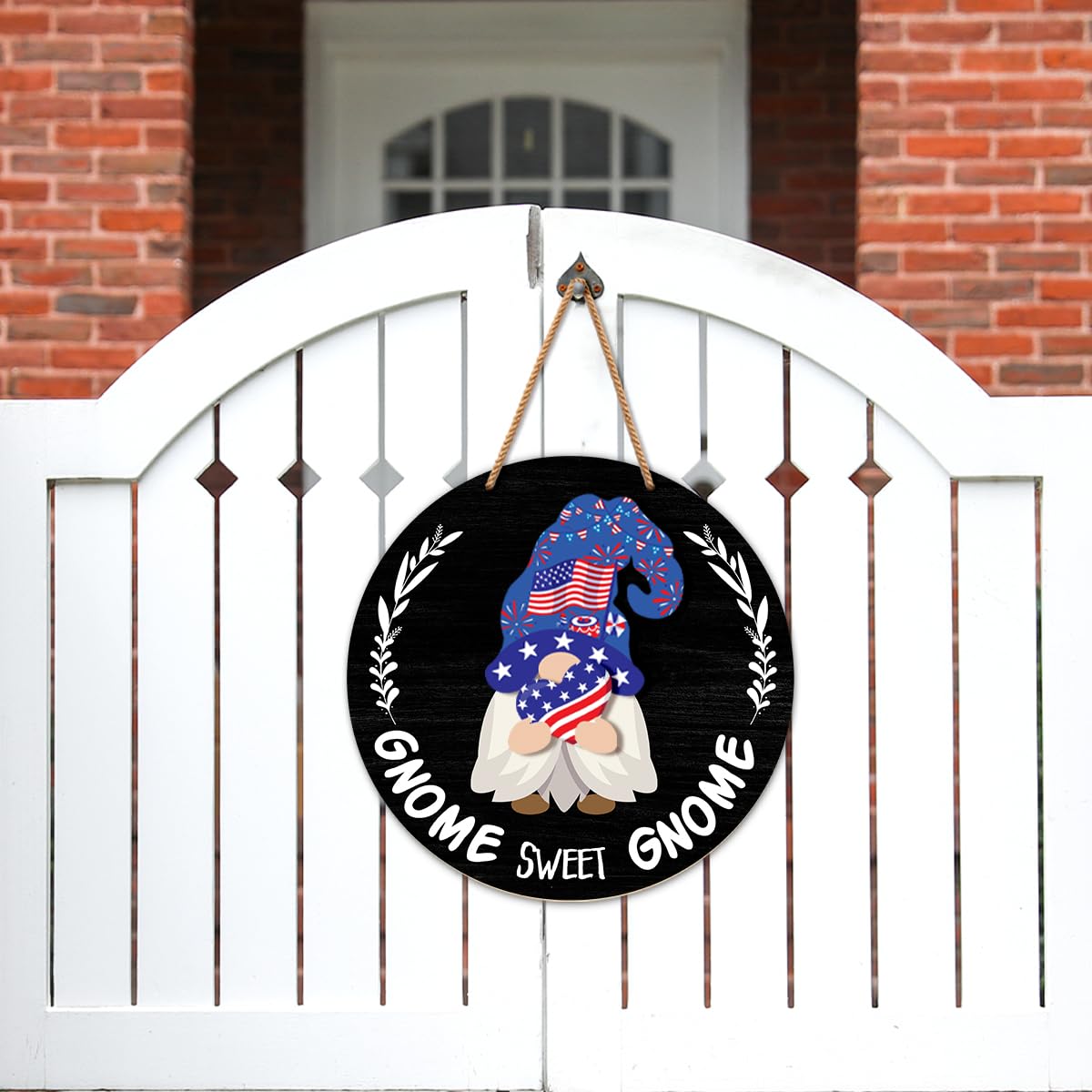 Interchangeable Gnome Welcome Sign Summer Patriotic 4th of July Door Decorations, Changeable Seasonal Front Porch Decor Wood Wreath Gnomes Gifts for Spring Fall Winter All Seasons Holiday, Black
