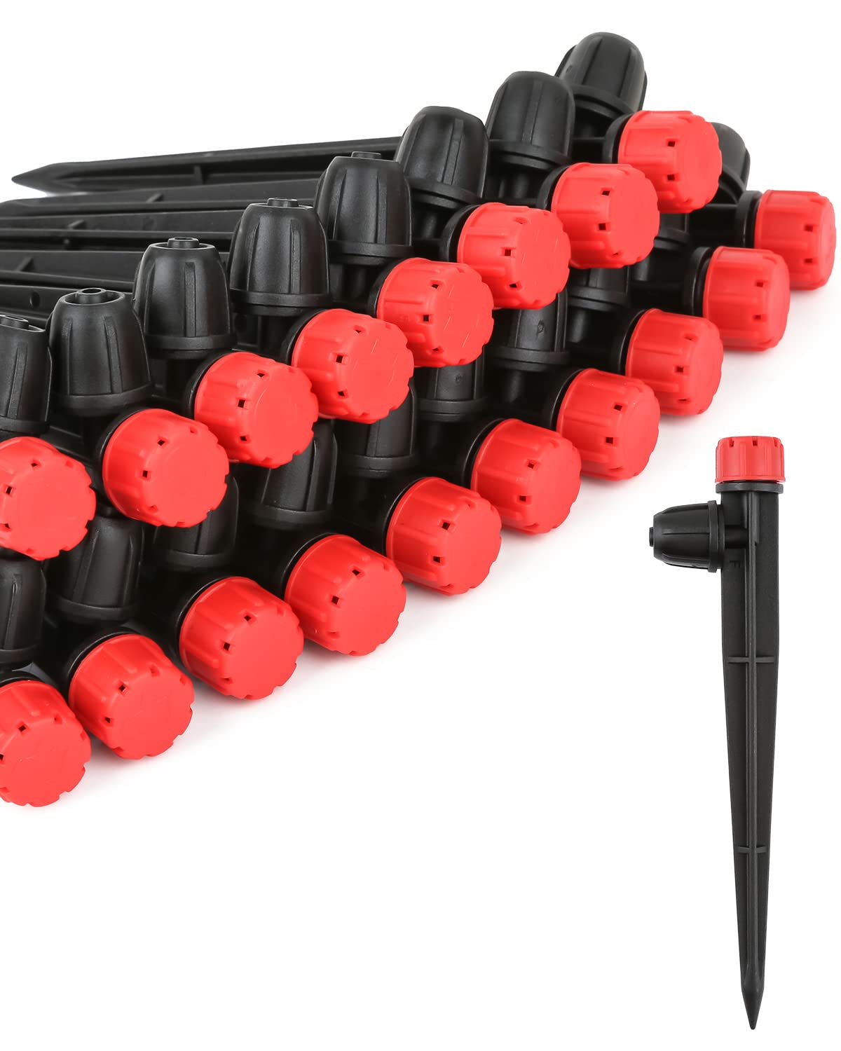 La Farah 50pcs Drip Irrigation Emitters with Stake, Adjustable 360 Degree Water Flow Lock Barbed Dripper for 1/4" Drip Irrigation Tubing，Garden Irrigation Sprayer for (4-7mm) Watering System