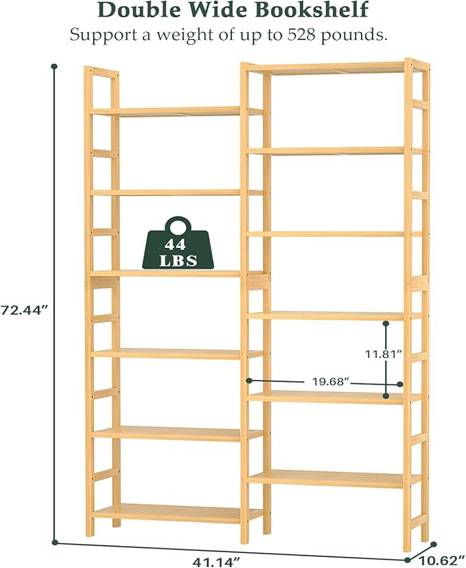 Homykic Double Wide Bamboo Bookshelf, 6-Tier Large Open Bookcase