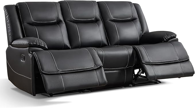 ANJ Premium Genuine Leather Manual Reclining Sofa Couch, Overstuffed 3-Seater