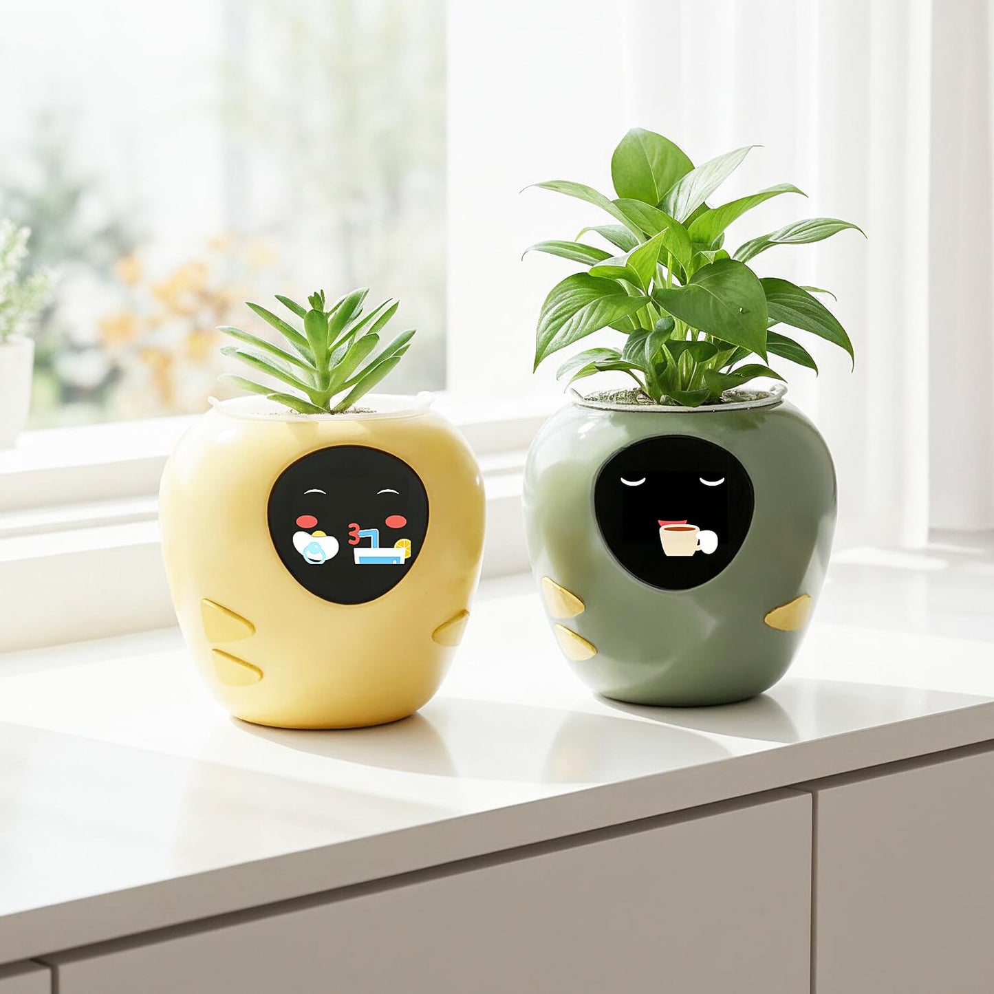 Plantbot Upgraded Large Smart Flower Pot Pet Planter Robot with Artificial Intelligence, Time Temperature Display, and Numerous Expressive Animations Based, for Indoor Decoration, Gifts (Green)