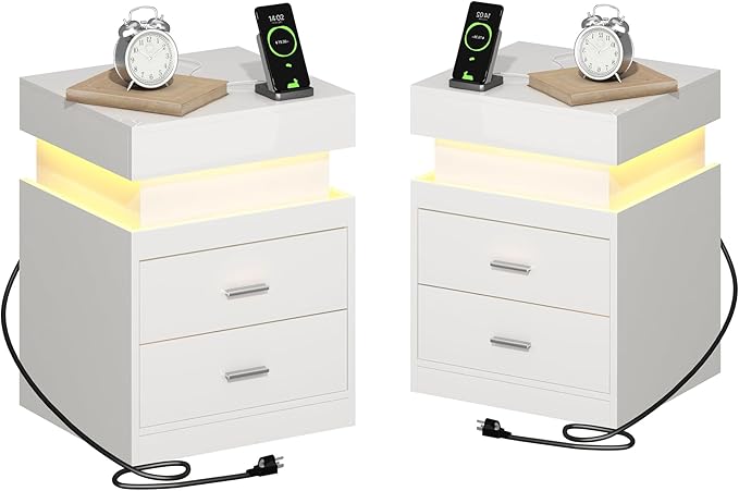 ChooChoo LED Nightstand Set of 2, Smart Night Standwith Charging Station and