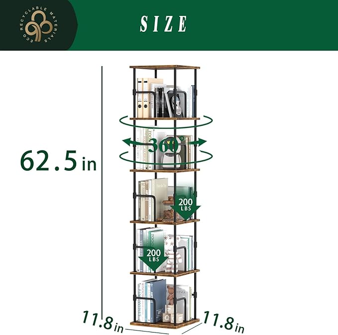 5-Tier Rotating Bookshelf, Freestanding Corner Bookshelf, 360° Spinning