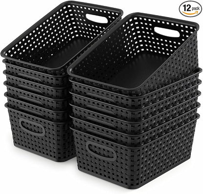 WYT 12-Pack Plastic Small Shelf Storage Weave Baskets for Organizing, Black