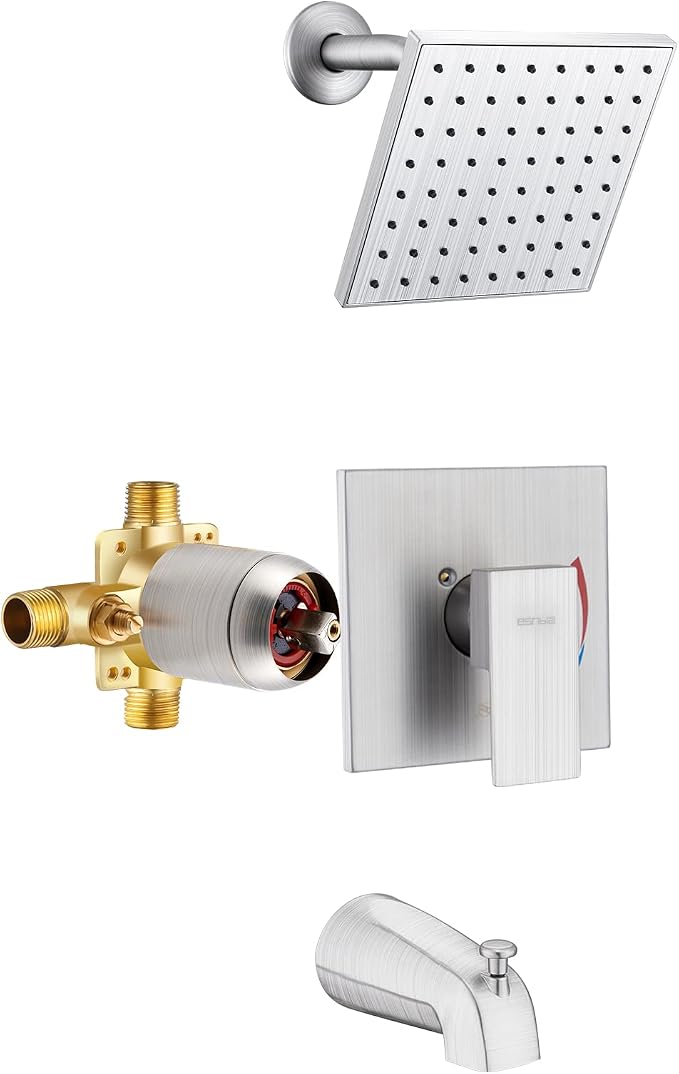 Esnbia Shower Tub Kit, Tub and Shower Faucet Set（Valve Included) with 6-Inch Rain Shower Head and Tub Spout, Single-Handle Tub and Shower Trim Kit,Brushed Nickel