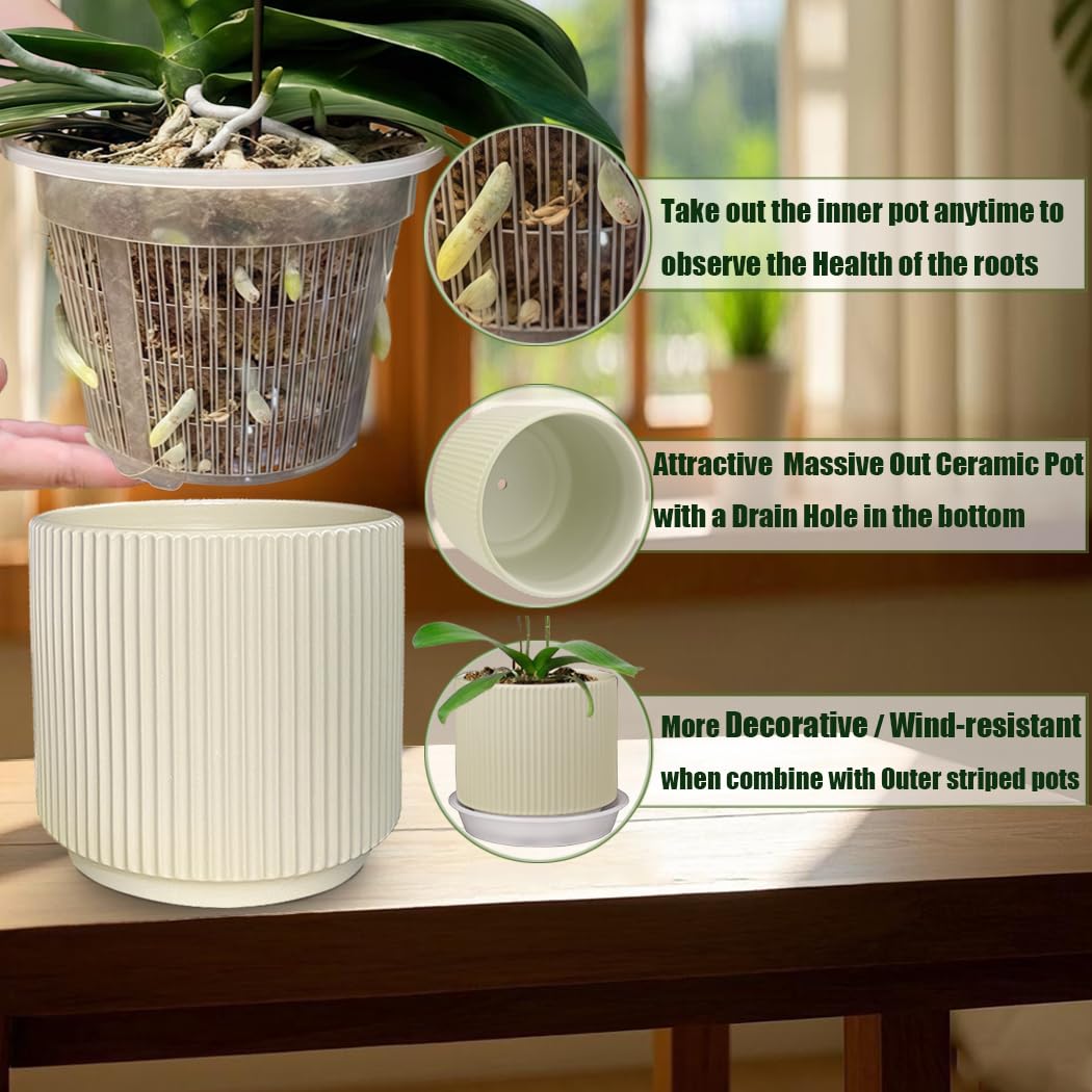 MUZHI Ceramic Orchid Pot with Holes and Drainage Tray Set of 2,(5+6 Inch), Double Layer Orchid Planter with Clear Plastic Inner Net Baskets Pots for Repotting (Lt Yellow)