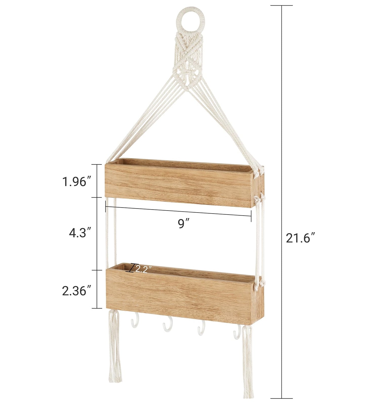 Mkono Macrame Hanging Shelves Boho Wall Decor Set of 2 and Bedside Shelf Organizer with Hooks