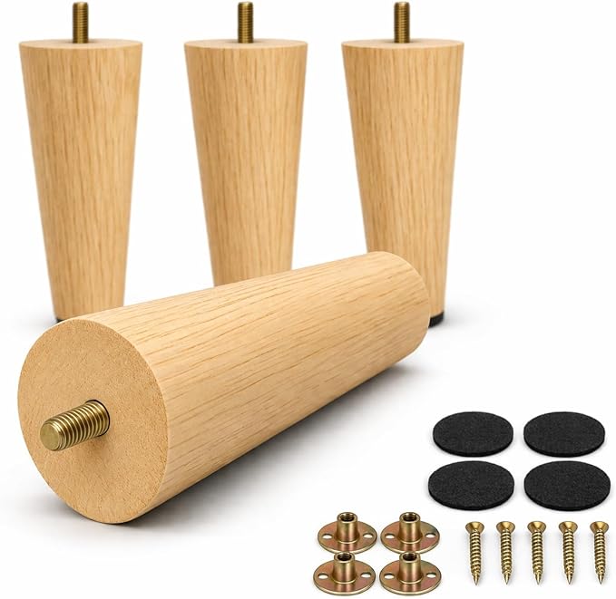 Yaliuliu 6 Inches Round Solid Wood Furniture Legs Set of 4, Natural Wooden