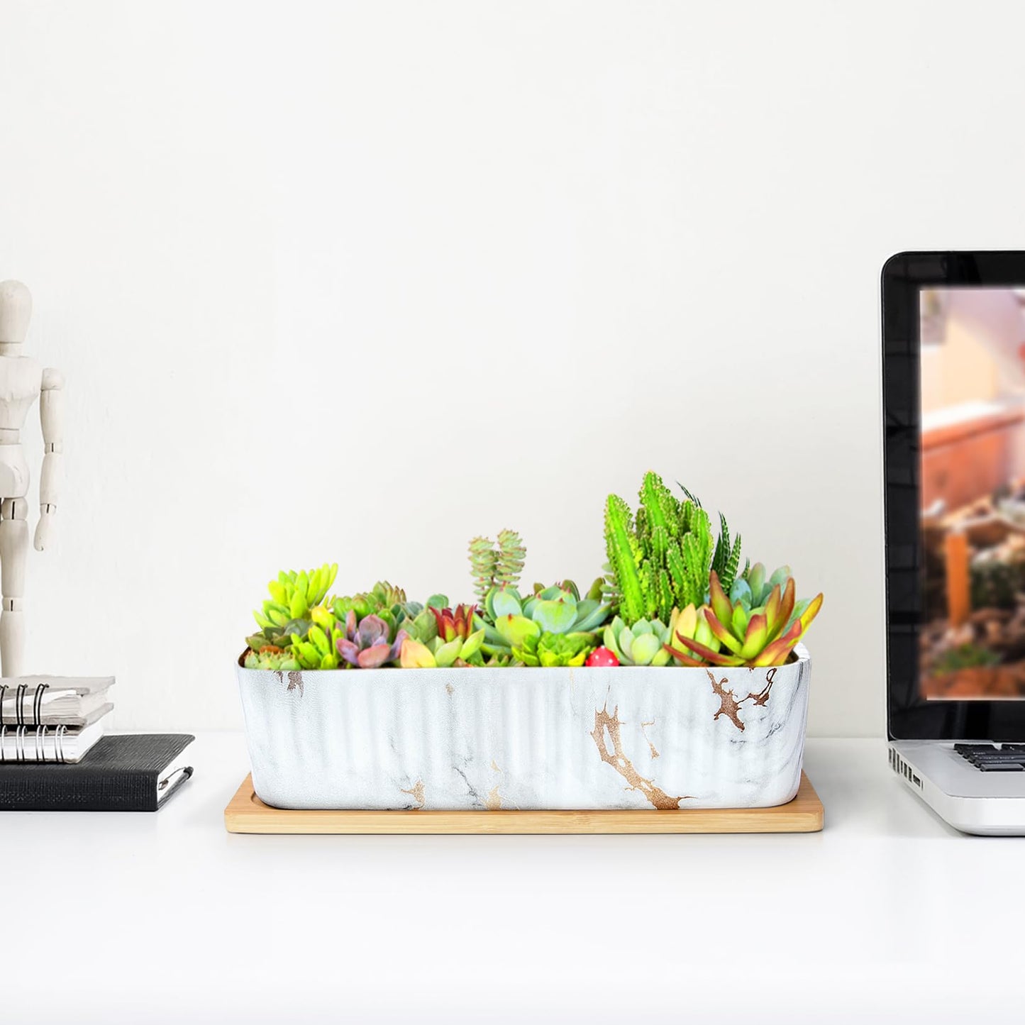 Rectangular Planter, 12 Inch Large Succulent Pots with Drainage Tray, Shallow Window Sill Planter for Indoor Cactus Flower Plants Ceramic Marble Window Box Planter Decorative Bonsai Plant Container