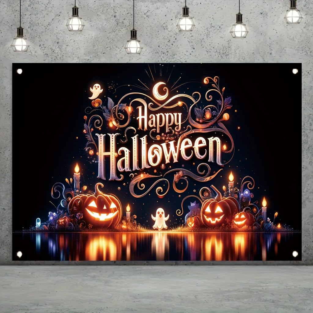 Tomhong Halloween Pumpkin Ghost Light 71x43 Inch Large Party BannerSpooky Jack O Lantern Haunted House Wall Hanging for Trick or Treat Night Indoor OutdoorHoliday Decoration
