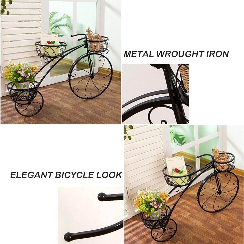 QUANBU Bicycle-Shaped Metal Planter Rack - 3-Tiered Plant Flower Display Stand, Indoor & Outdoor Garden Shelf Holder(Color:Black)