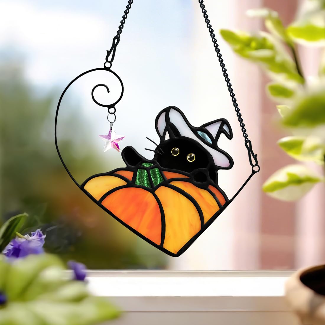 BOXCASA Black Cat Stained Glass Suncatcher, Halloween Pumpkin Witch Gifts