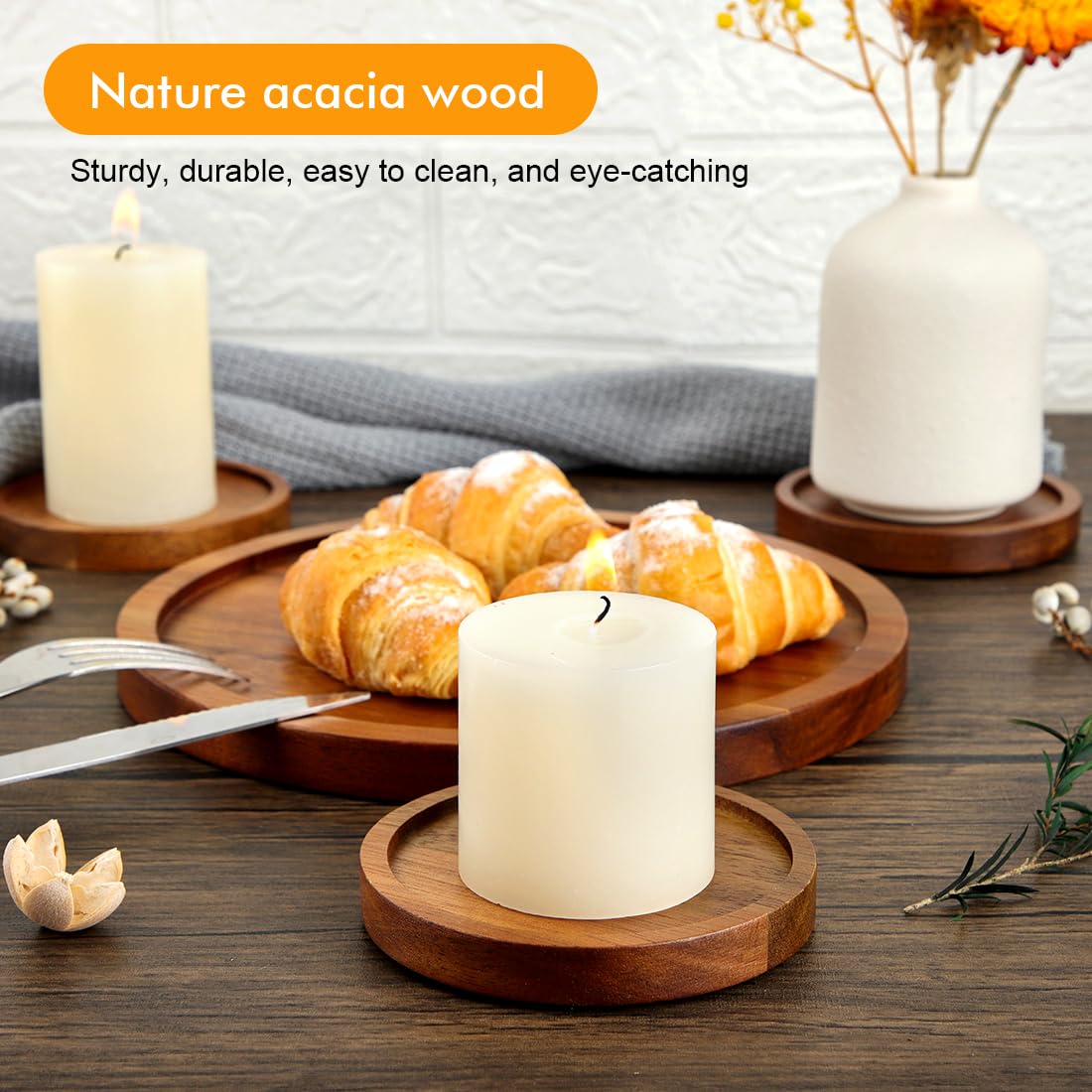 Wood Candle Holder Farmhouse Decor - HALE OTEIR Wooden Pillar Candles Holder for Pillar Floating Candles Set of 4 Round Wooden Plate Pedestal Stand for Coffee Table for Christmas Decor