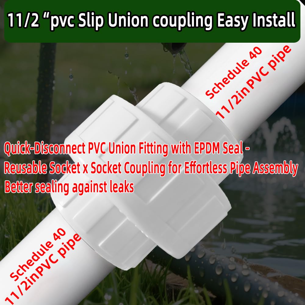 2Pcs 1-1/2" PVC Union Coupling Pipe Fitting (Socket x Socket),Schedule 40,Plumbing Fitting with EPDM O-Ring, White, 1.5" Pump Union for Spa Swimming Pool Pump, Farm Irrigation, Garden Watering.