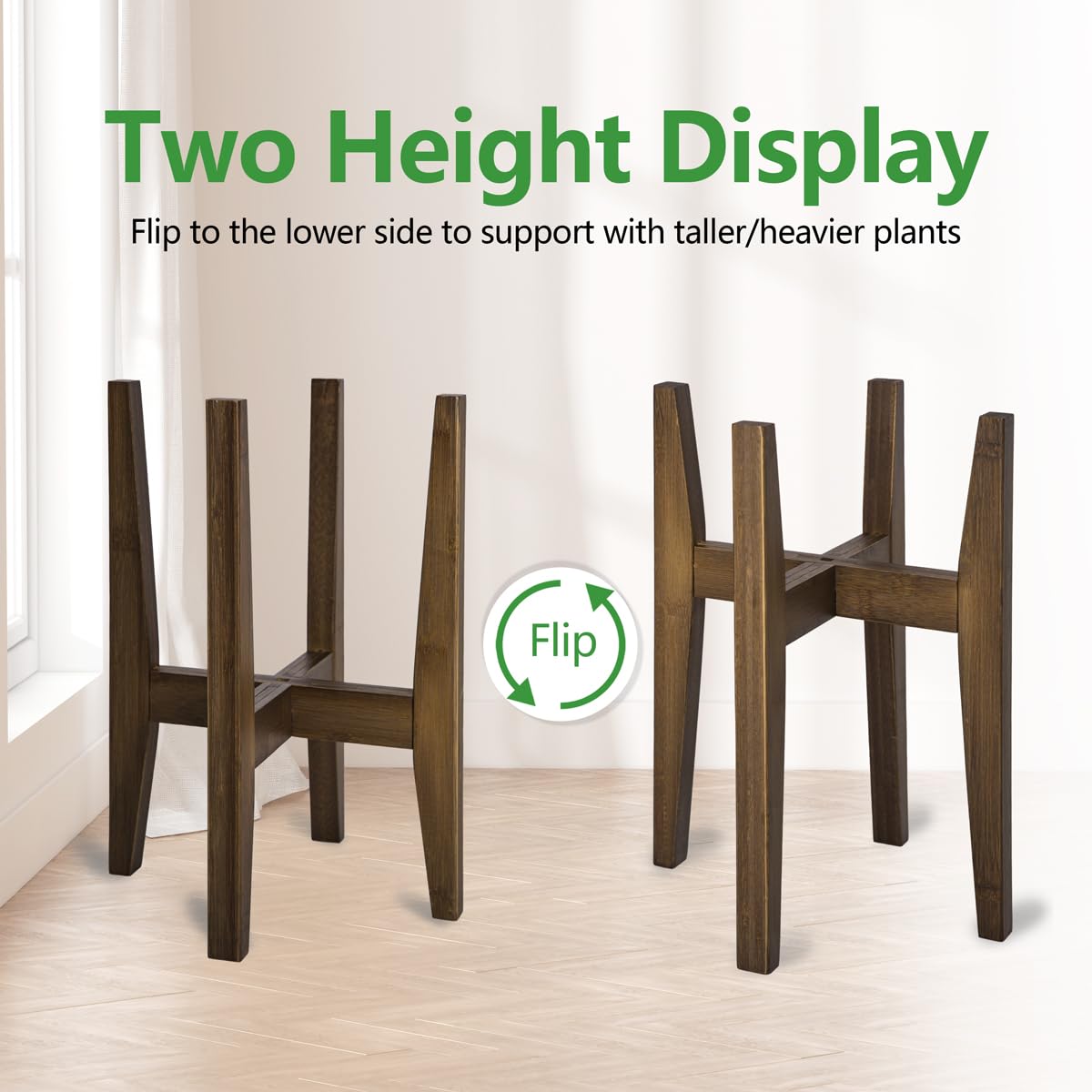 OERGKE Adjustable Plant Stand, Bamboo Mid Century Modern Indoor Plants Stands, Corner Flower Holder for Living Room, Fits 8 to 12 Inches Pots, (Pot & Plant Not Included)(Walnut, 1 Pack)