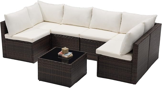 DUMOS 7 Piece Outdoor Patio Sectional Sofa, Modular Wicker Furniture Set