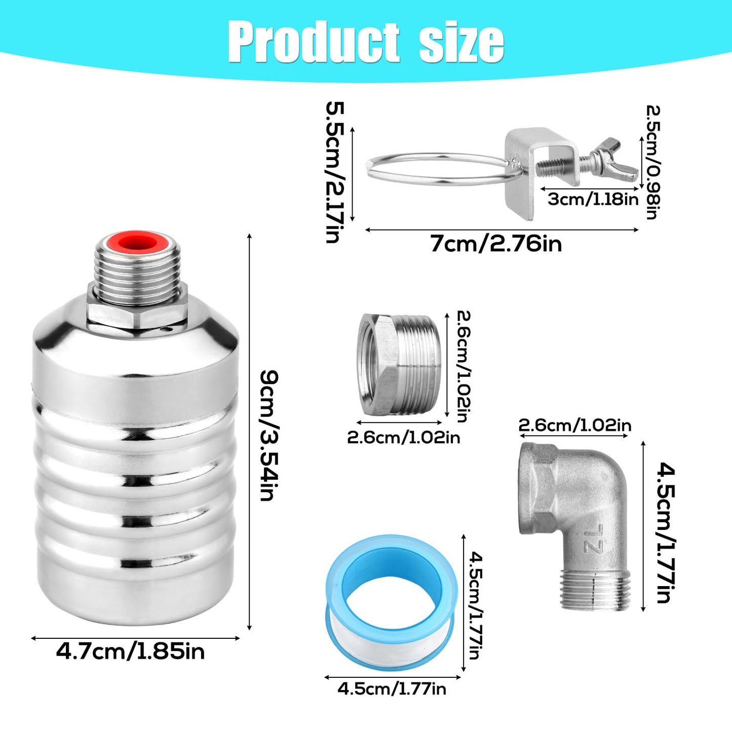 2pcs Water Float Valve, Stainless Steel Automatic Water Level Control Float Valve 1/2in and 3/4in Connection Types for Fish Tank Swimming Pool Livestock Trough