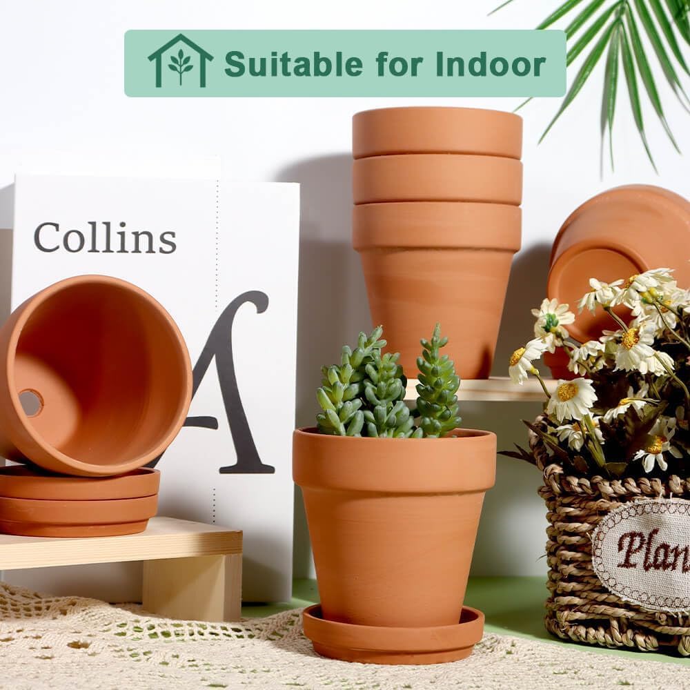 vensovo 4 Inch Terracotta Plant Pots with Saucer - 6 Pack Clay Flower Pots with Drainage, Great for Plants, Crafts, Wedding Favor