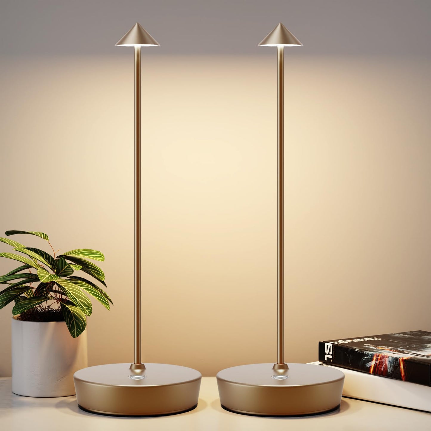 YIBEN 2Pack Rechargeable Cordless Table Lamp, Portable Powered LED Battery 6000mAh Metal USB Desk Lamp, 3 Levels Brightness Light for Restaurants Outdoor (2pack Titanium)