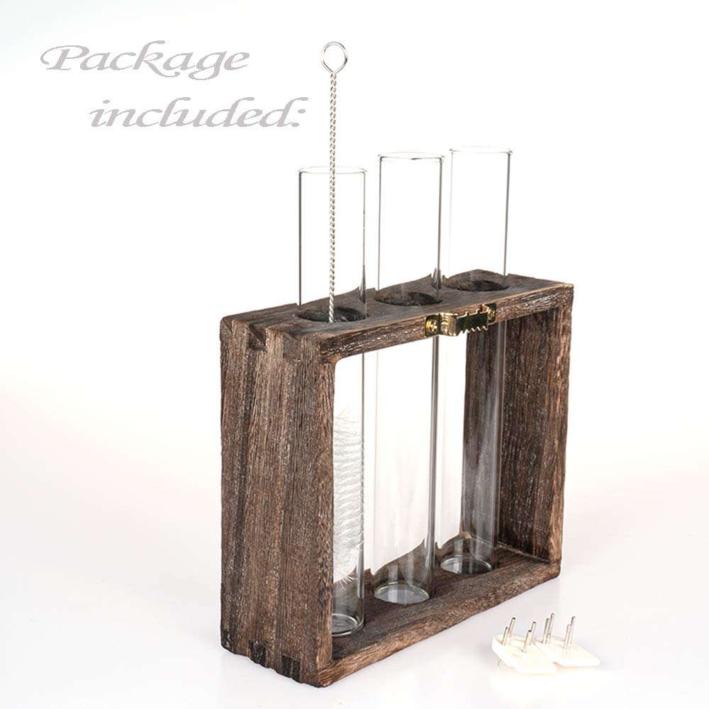 PACDONA Wooden Propagation Station with 3 Glass Test Tubes, Tabletop Glass Terrarium Holder for Cuttings Hydroponics, Home Office Desk Decor Gift for Women Mom Plant Lovers, Brown