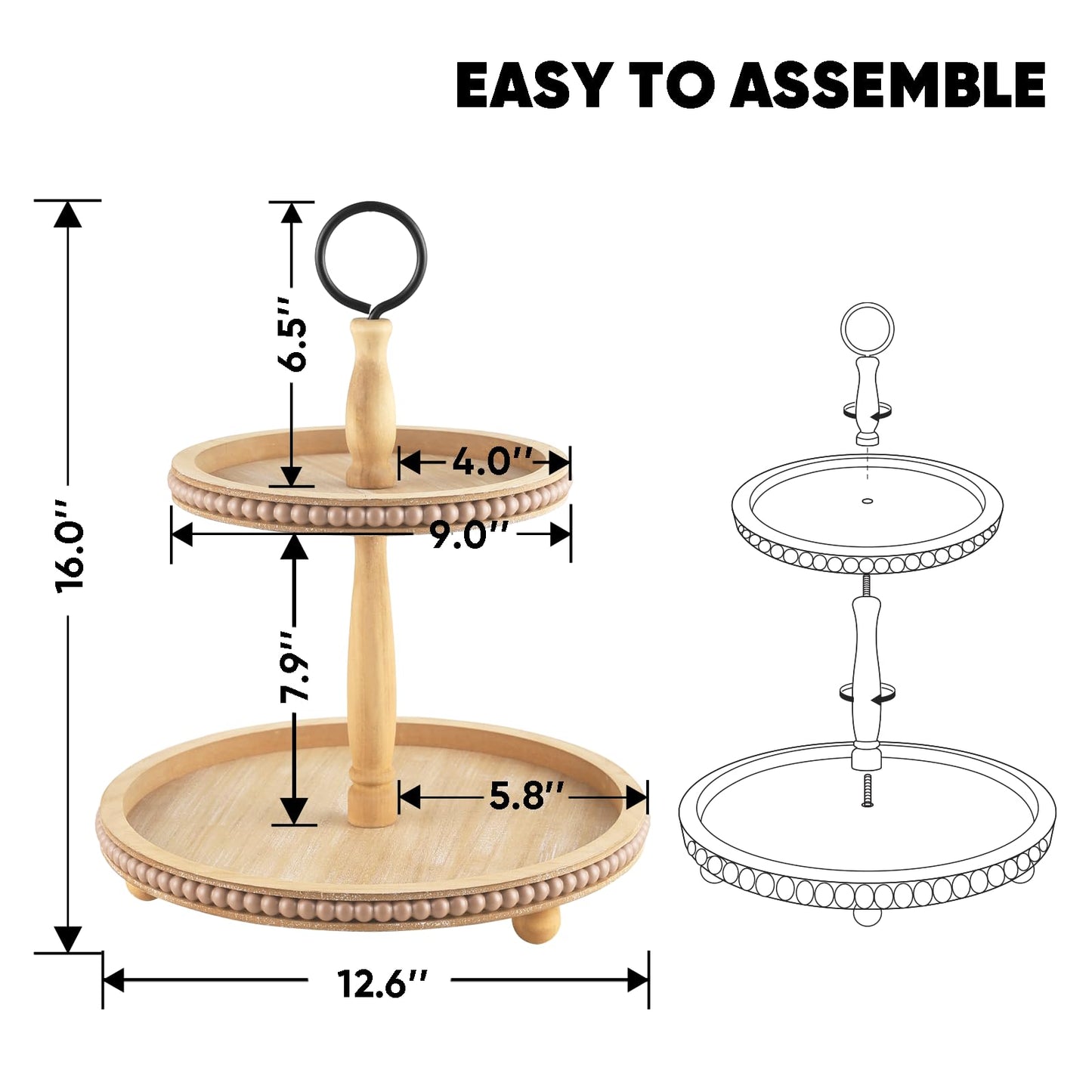 Beaded Tiered Tray Stand, Rustic Wooden 2 Tier Decorative Tray with Bead Garland, Farmhouse Round Wood Serving Tray Counter Centerpiece for Coffee Bar Home Decor Holiday Housewarming Gifts (Brown)
