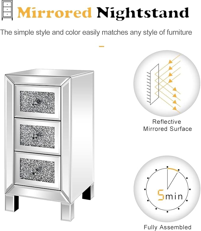 VINGLI 3-Drawer Mirrored Nightstand Bedside Table Modern Night Stands Set of 2