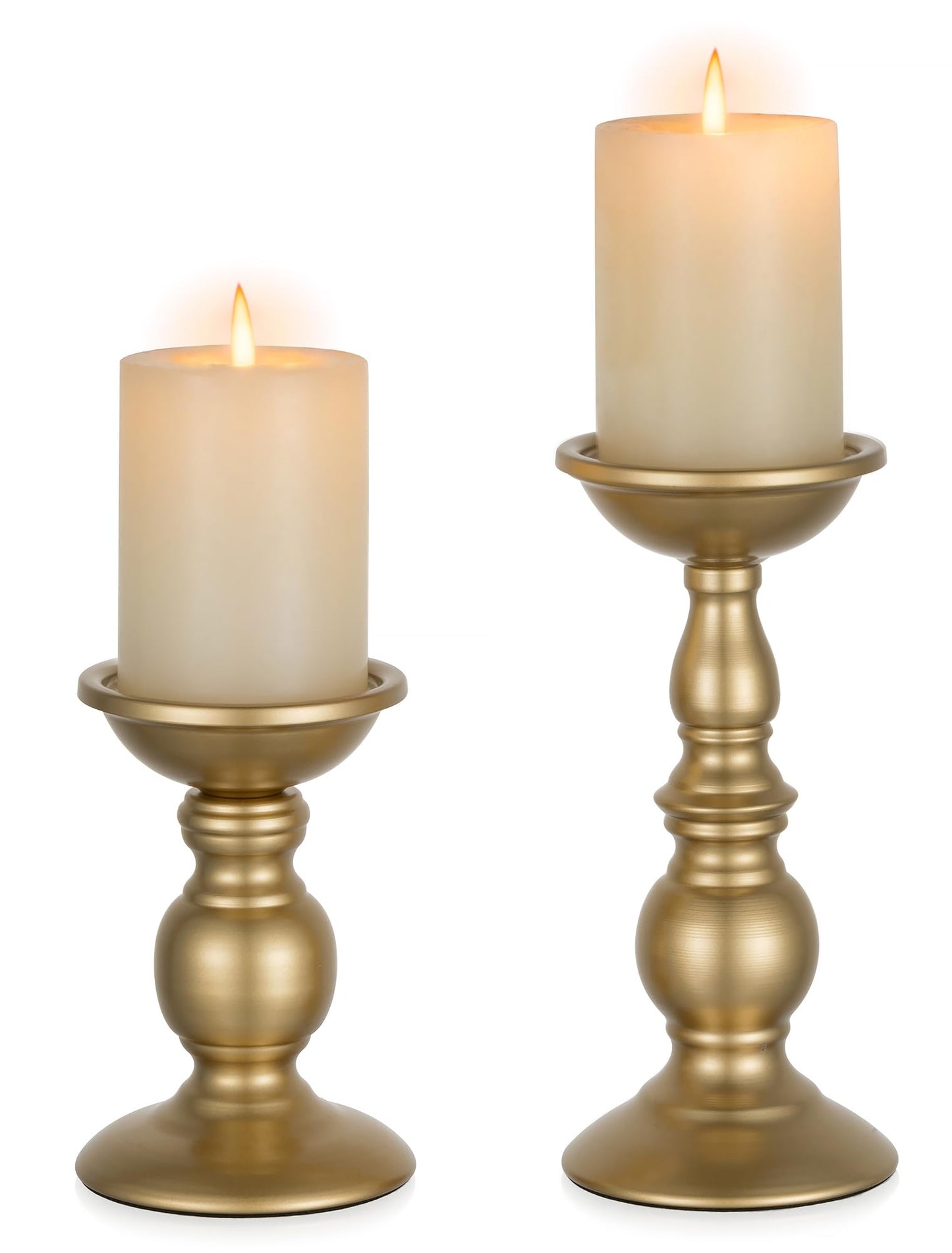 2 Pcs Gold Pillar Candle Holders, Gold Candlestick Most Ideal for 3" Pillar Candles, Gifts for Wedding, Party, Home, Spa, Reiki, Votive Candle (S + L)