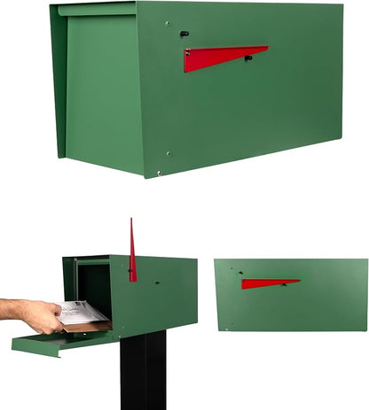 Ilyapa Modern Mailbox for Outside Post Mount - Green Powder Coated Metal Mailbox, Waterproof Letter Box for Parcels, with Recessed Magnetic Close Door