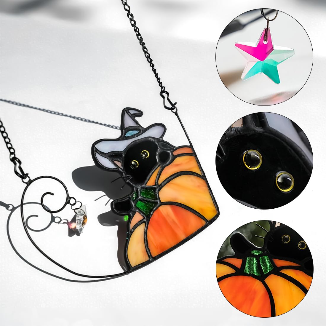 BOXCASA Black Cat Stained Glass Suncatcher, Halloween Pumpkin Witch Gifts
