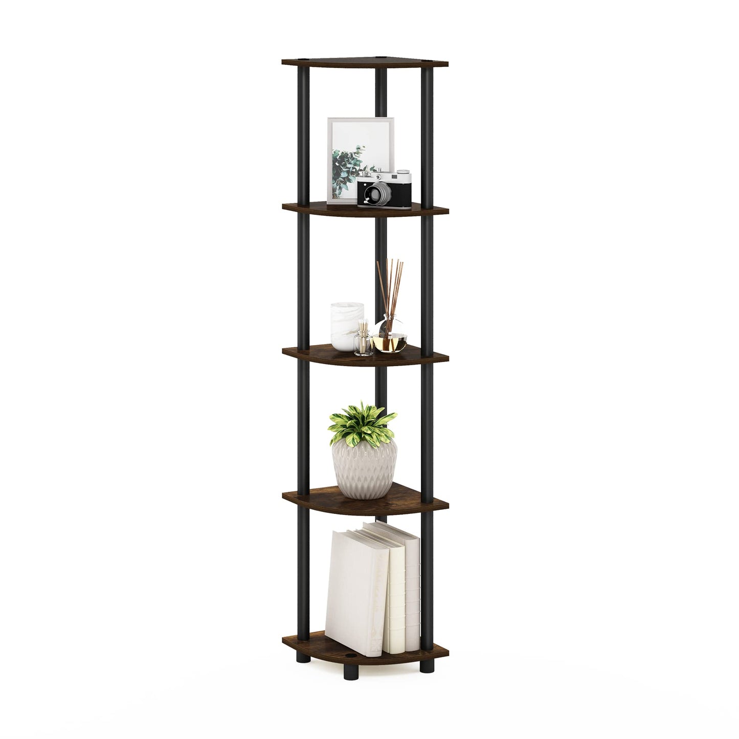Furinno TURN-N-TUBE Corner Shelf, 5-Tier Corner Bookshelf, Open Storage Shelves, for Organization and Storage, Living Room, Home Office, Garage, Bedroom, Amber Pine