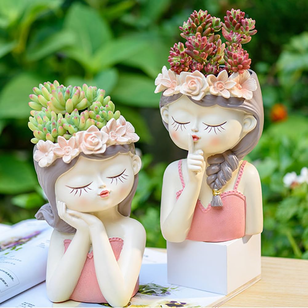 Snowy sunday Adorable Fairy Girl face Succulent Pot with Drainage Hole, Resin Head Planter Pot for Indoor Plants, Decorative Flower vase,Gifts Idea for Lady (Medium-Tranquility)
