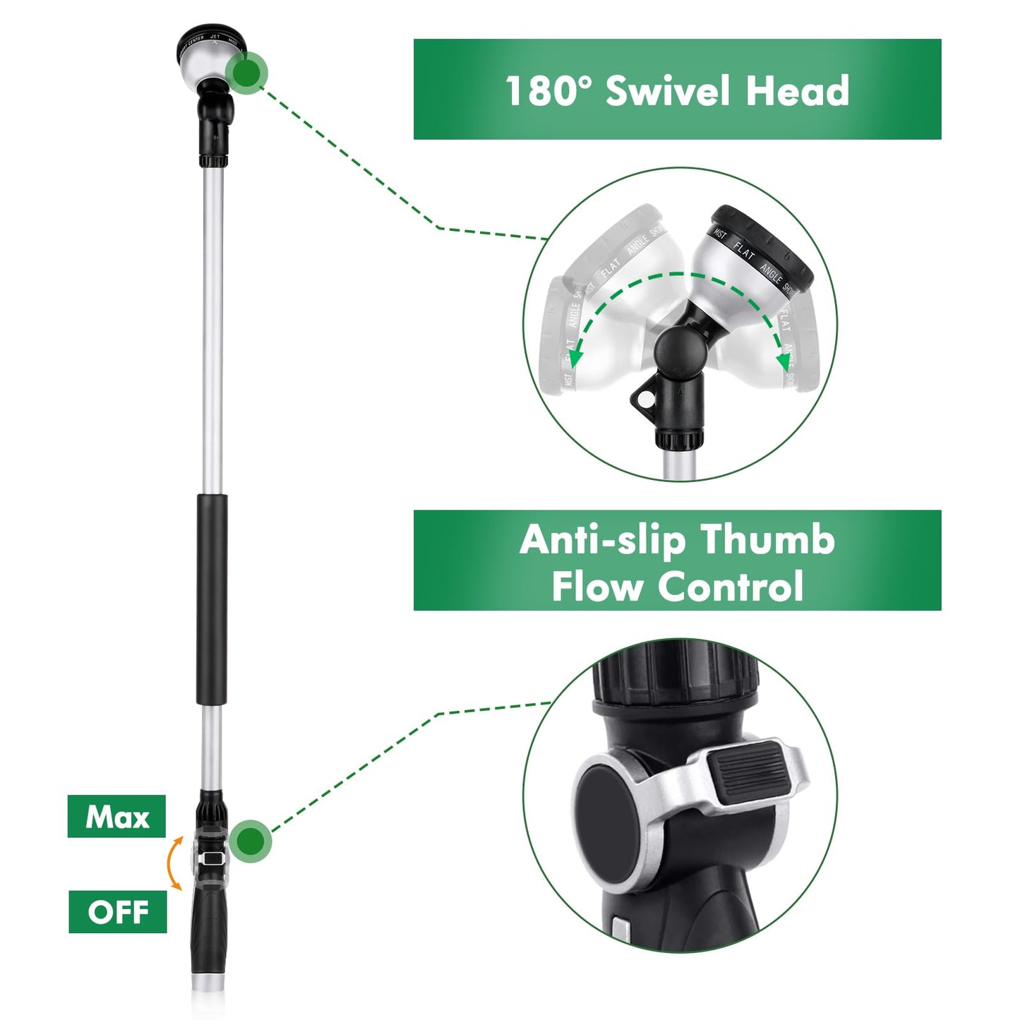 RESTMO 36” Long Watering Wand, Metal Garden Hose Wand with 180° Swivel Head and 10 Spray Patterns, Heavy Duty Hose Nozzle Sprayer with Thumb Flow Control, for Water Hanging Baskets, Shrubs, Silver